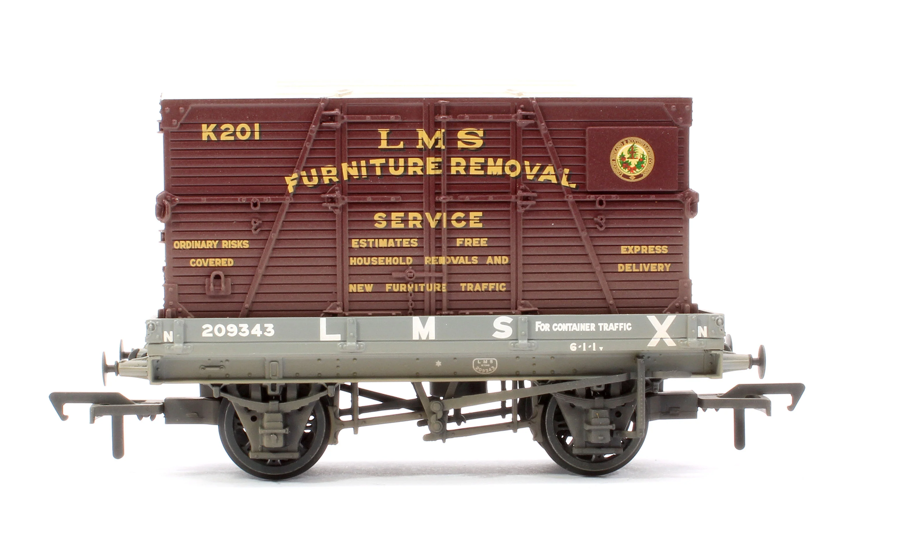 37-482A 1 Plank Wagon LMS Grey 'Furniture Removal Service' (with Crimson Container) No.209343 - Weathered - Image 2