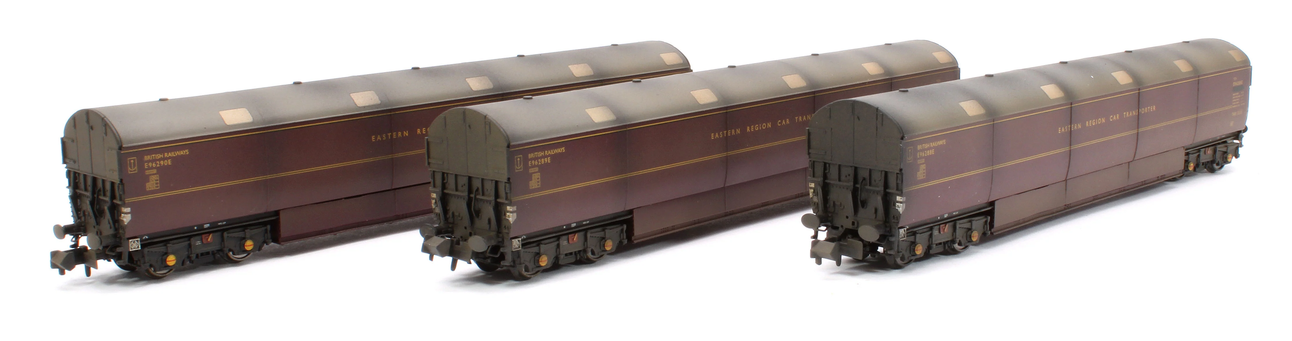 Custom Weathered Newton Chambers Car Transporter Eastern Region BR Lined Maroon E96288/289/290E - Pack 1