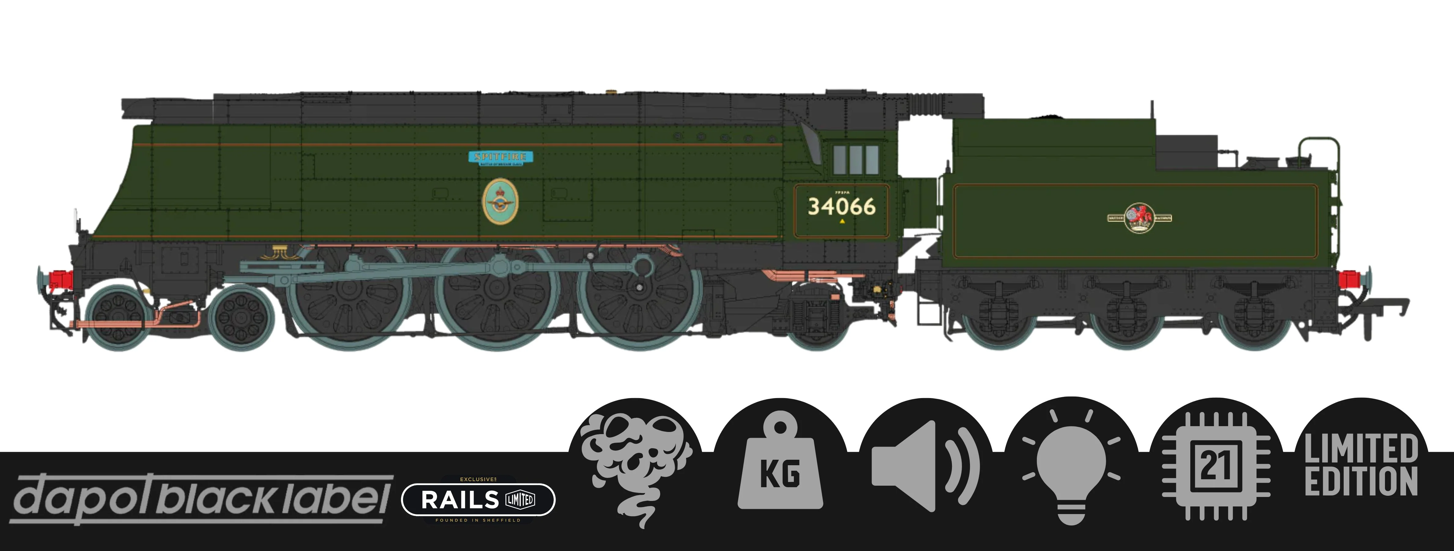 Black Label Battle of Britain Spitfire 34066 BR Green Late Crest Steam Locomotive - DCC Sound & Smoke - Image 13