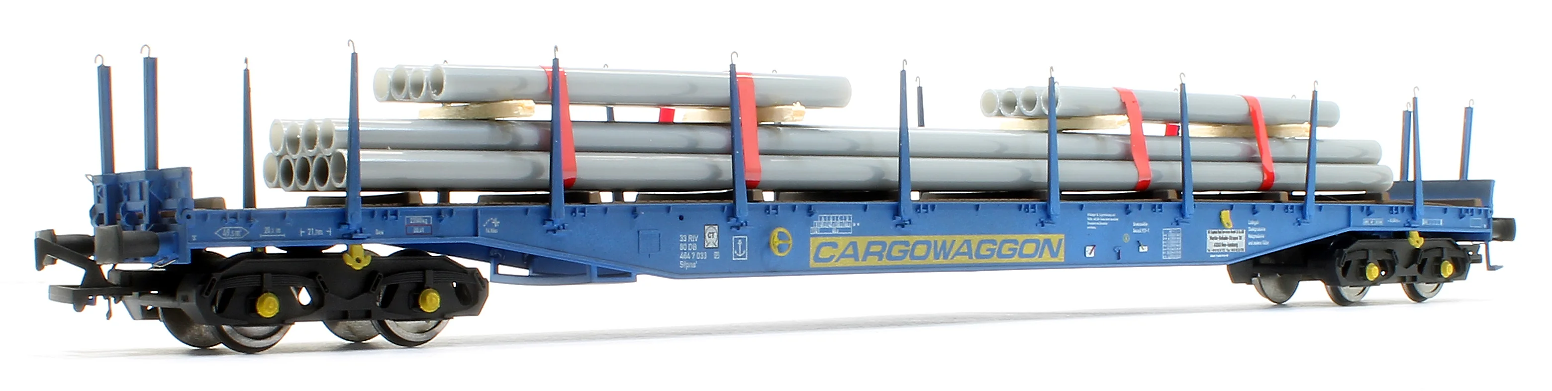 5113 IGA Cargowaggon bogie flat in CARGOWAGGON blue with pipe load 4647 033 - Weathered - Image 2