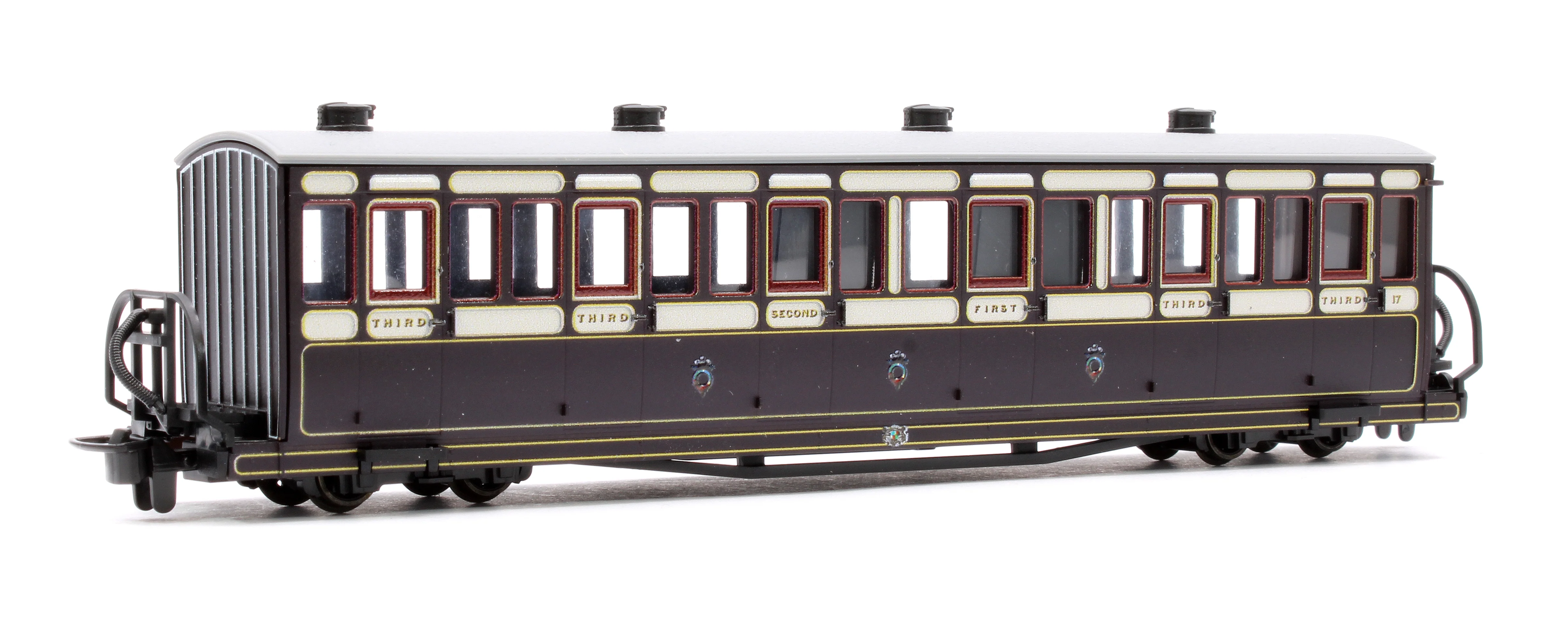 GR600A Ffestiniog Railway Short 'Bowsider' Bogie Coach, Victorian Purple/Brown, No. 17