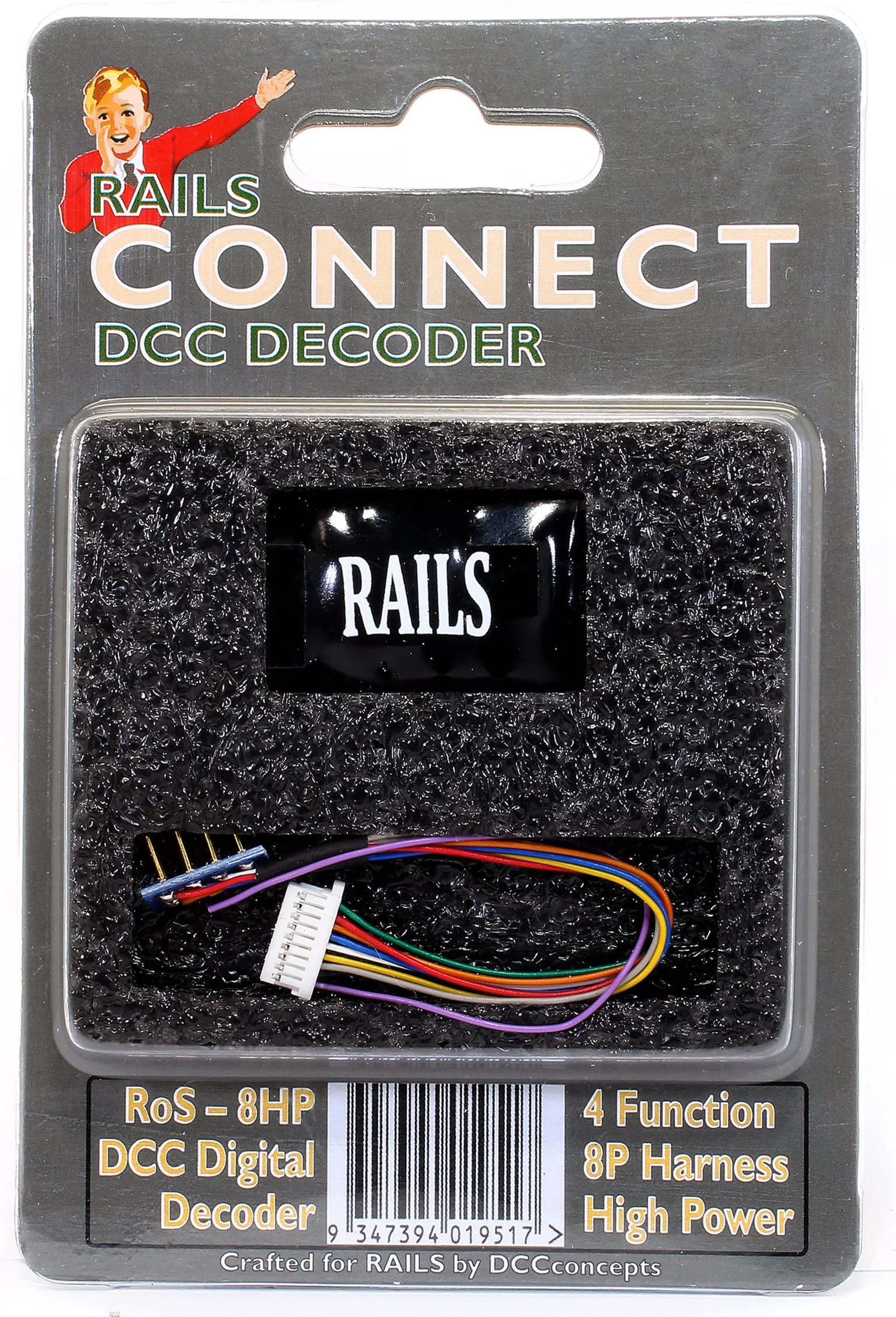 RoS-8HP Rails Connect Decoder, High Powered 8 Pin Harness 4 Function Decoder