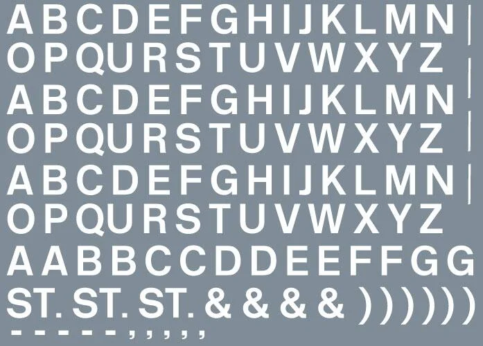 Numeric/alphabet sheet: white BR lettering (6mm high) Transfer