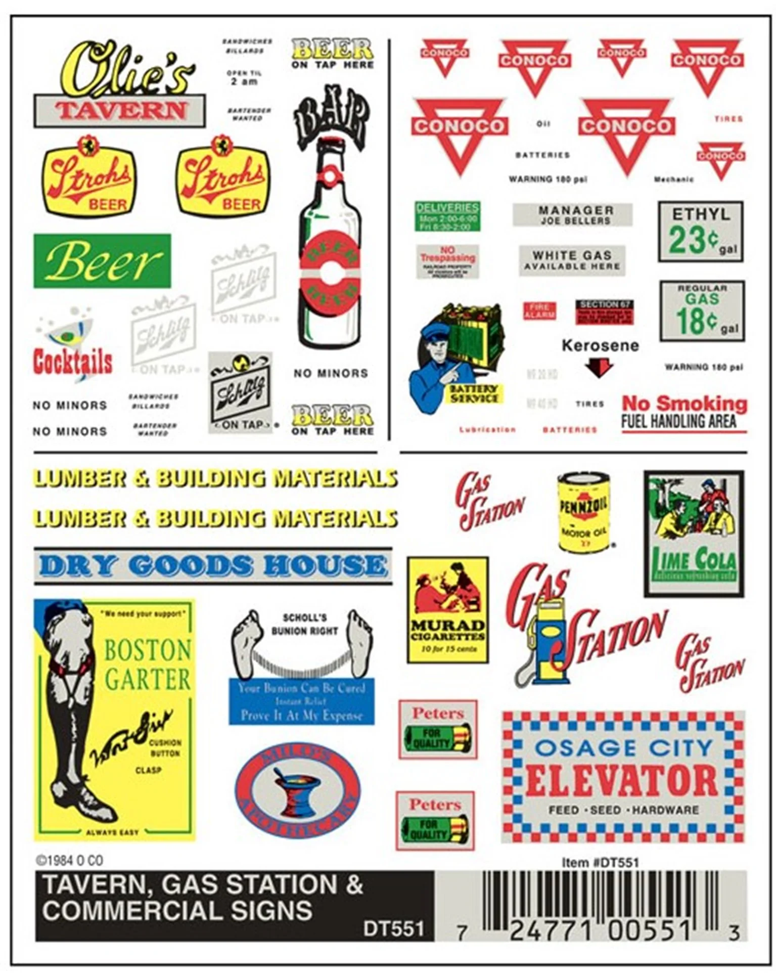 WDT551 DT551 WOODLAND SCENICS - Decals - Tavern, Gas Station & Commercial Signs